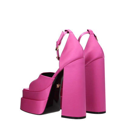 Versace Pink Satin Platform Sandals with buckle closure, rhinestone detail, and high heels for a stylish casual look.
