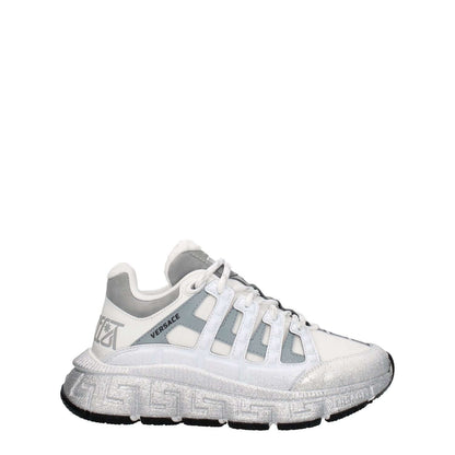 Versace White Fabric Athletic Sneakers with logos, lace-up closure, rubber sole, and mid heels, featuring silver accents and a round toe.