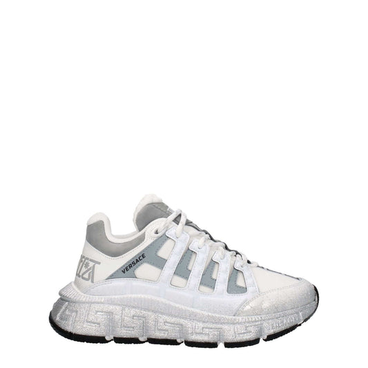 Versace White Fabric Athletic Sneakers with logos and lace-up closure, round toe design, mid heels, and silver accents.
