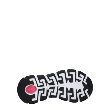 Sole of Versace White Fabric Athletic Sneakers with unique black and white pattern featuring pink detailing.