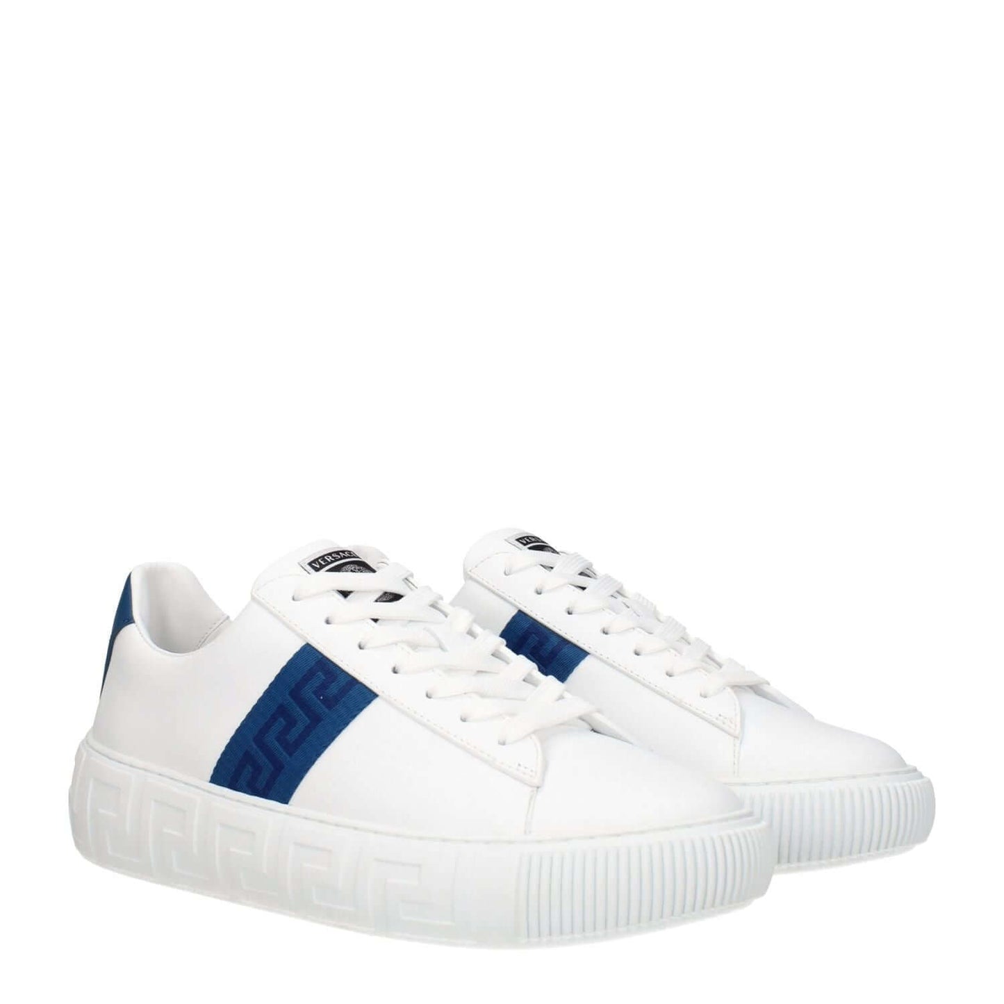 Versace White Leather Low Top Sneakers with dark teal detail, logo on front, and lace-up closure, round toe, rubber sole, mid-heel height.