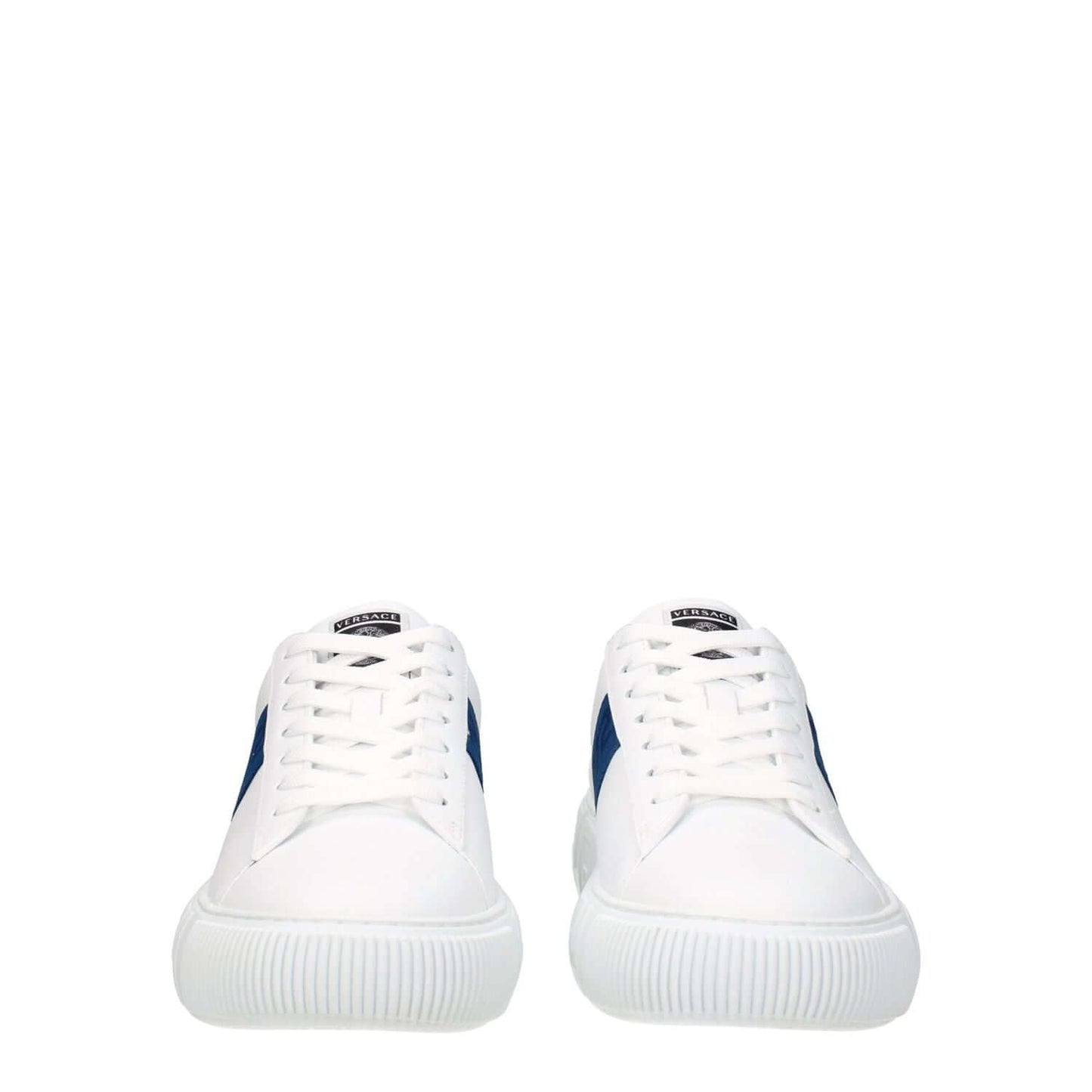 Versace White Leather Low Top Sneakers with dark teal detail, round toe, lace-up closure, featuring front logo and rubber sole.