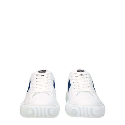 Versace White Leather Low Top Sneakers with dark teal detail, round toe, lace-up closure, featuring front logo and rubber sole.