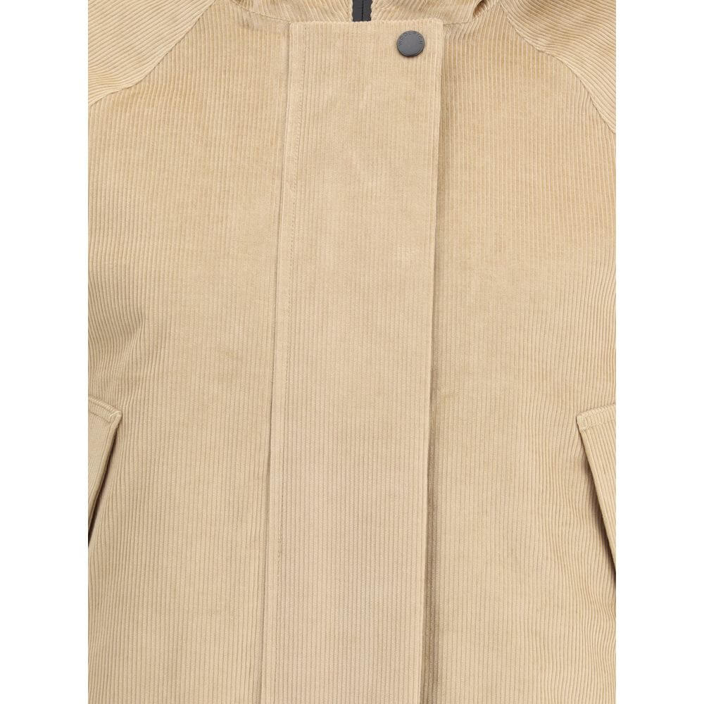 Woolrich Beige Cotton Clothing corduroy jacket with hood, zipper front, and buttoned welt pockets, perfect for AW25 cold season.