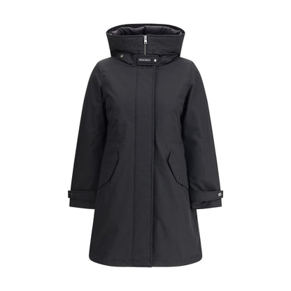 Woolrich Black Cotton Clothing 3-in-1 Parka Jacket with high collar, hood, double-slider zipper, and adjustable cuffs.