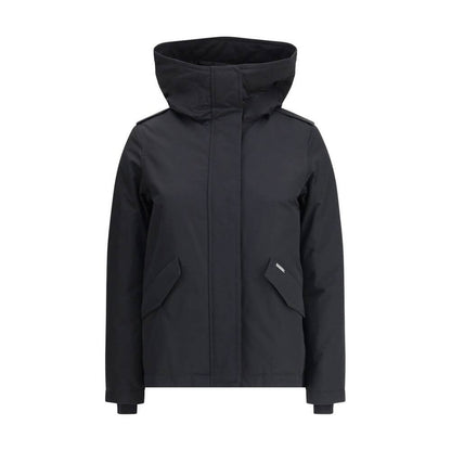 Woolrich Black Cotton Shell Jacket with hood, double-slider zipper, snaps, and welt pockets for autumn-winter warmth and style.