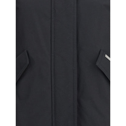 Close-up of Woolrich Black Cotton Shell Jacket showing front closure with double-slider zipper and flap pockets for Fall/Winter season.