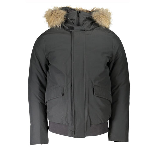 Woolrich Gray Cotton Men Jacket with Hood and Removable Fur showcasing front view with fur-trimmed hood and button closure.