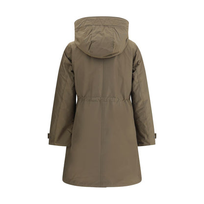 Back view of Woolrich Green Cotton Parka with hood, showcasing quilted design and adjustable button cuffs, featuring double-layer decomposable style.