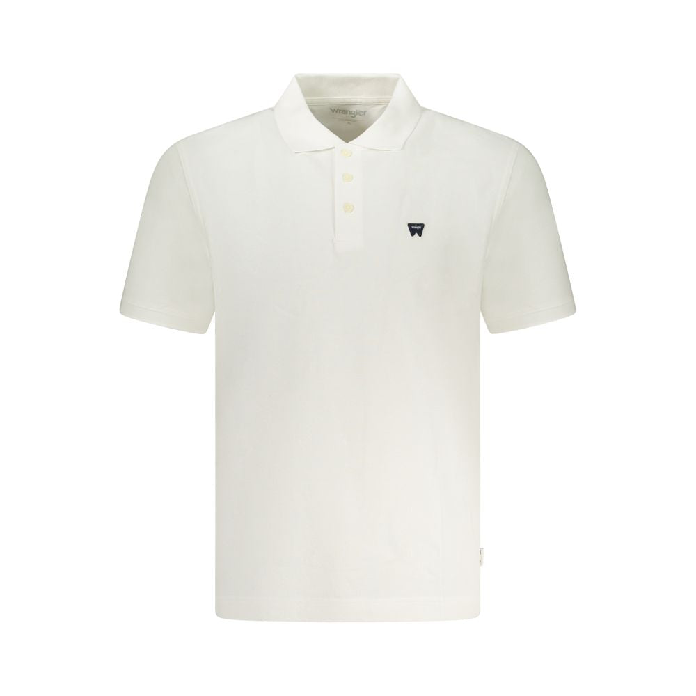 Wrangler White Cotton Polo Shirt with short sleeves, 3 buttons, and logo application displayed on a plain white background.