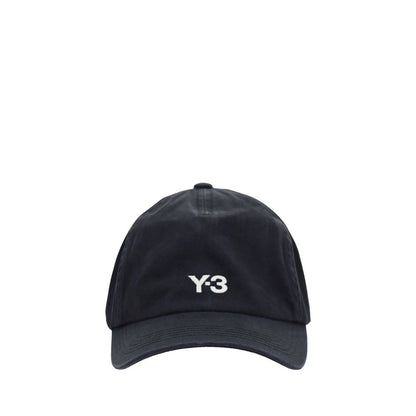 Y-3 Black Cotton Cap (Baseball Hat) with embroidered logo on front, adjustable closure for custom fit, ideal for casual outfits.