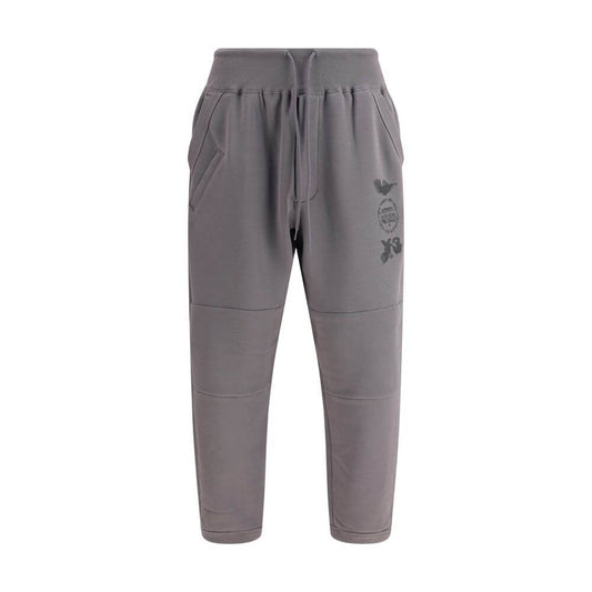 Y-3 Gray Cotton Joggers (Workout Pants) with elasticized cuffs and logo design.