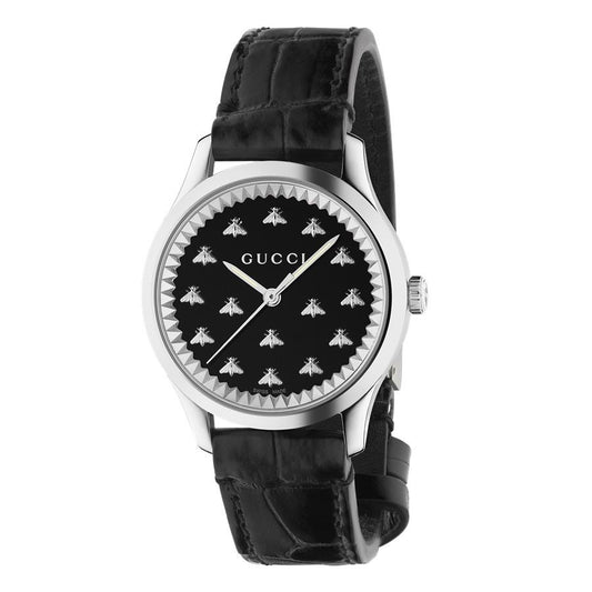 Luxury watch featuring GUCCI MOD. G-TIMELESS MULTIBEE design with black strap and multibee motif on the dial.