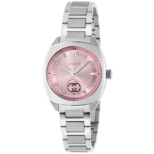 Alt Tag: GUCCI Mod. INTERLOCKING watch with silver bracelet and pink dial design.