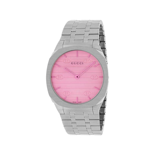 Luxury GUCCI Mod. 25H COLLECTION watch with silver bracelet and distinctive pink dial design.