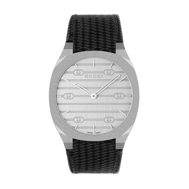 GUCCI Mod. 25H COLLECTION luxury watch with silver dial and black strap.