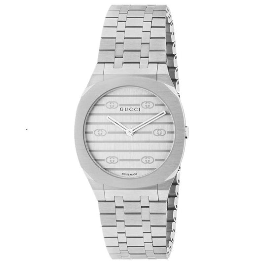 GUCCI Mod. 25H COLLECTION luxury wristwatch with silver bracelet and elegant design.