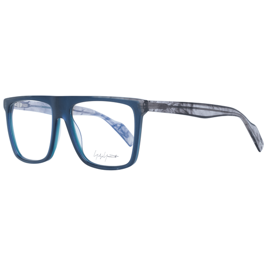 Yohji Yamamoto Blue Plastic Glasses (Frames) with full-rim trapezium style and spring hinges for men, includes branded soft case.