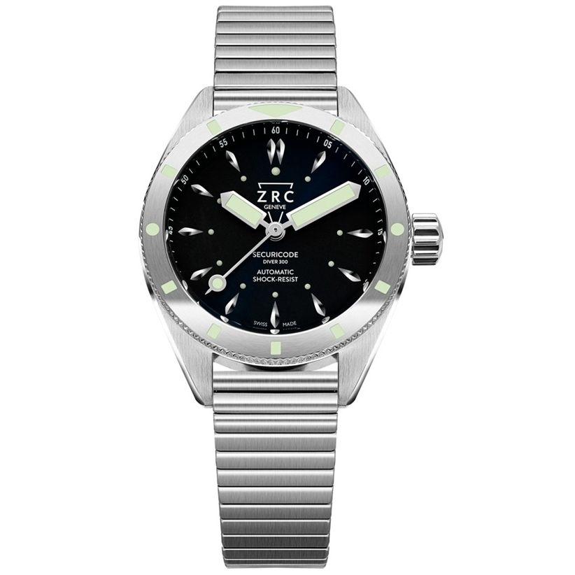 ZRC 1904 MOD. SC39163 watch with stainless steel strap, black dial, and luminous markers.