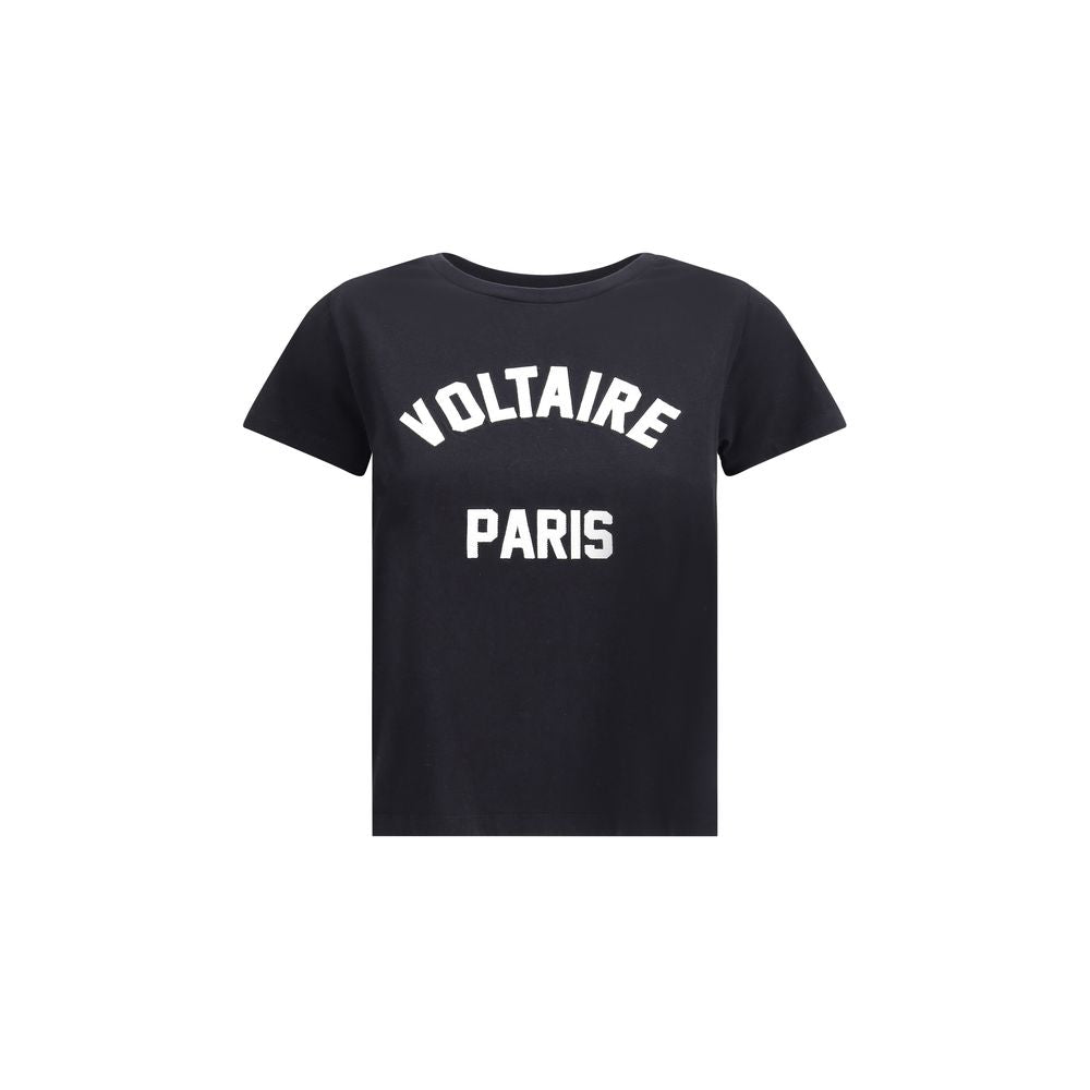 Zadig & Voltaire Black Cotton T-Shirt with Voltaire Paris logo, ribbed crew neck, AW25 collection, 100% cotton for casual contemporary style.
