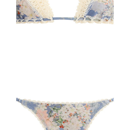 Zimmermann Light Blue Polyamide Bikini with floral print, crochet piping, adjustable ties, and metal details. AW25 collection.