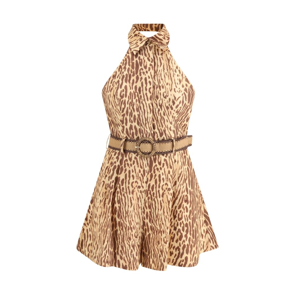 Zimmermann Multicolor Linen Casual Dress with leopard print, raffia belt, and elegant design features like concealed zipper and pockets.