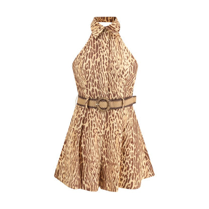 Zimmermann Multicolor Linen Casual Dress with leopard print, raffia belt, and elegant design features like concealed zipper and pockets.