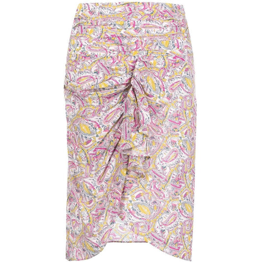 Iro Skirts Beige with graphic print, knee-length, high-waisted silk blend in ecru and pink, featuring draped and ruched detailing.